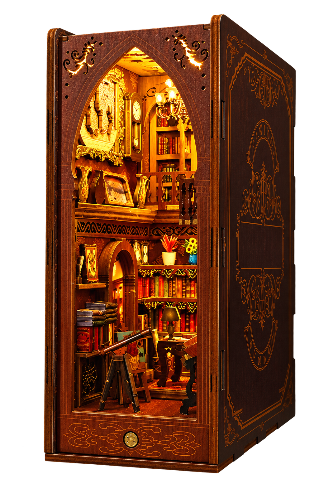 Illuminated wooden miniature library book nook
